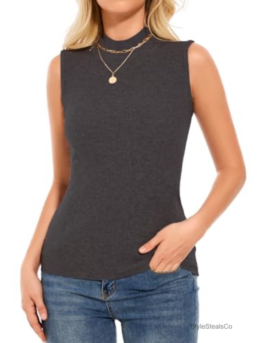 Sleeveless Mock Neck Slim Fit Ribbed Knit Sweater Vest